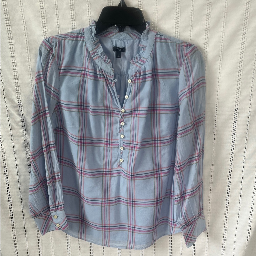 Talbots Light Blue Plaid Button-Front Shirt with Pink Stripes
